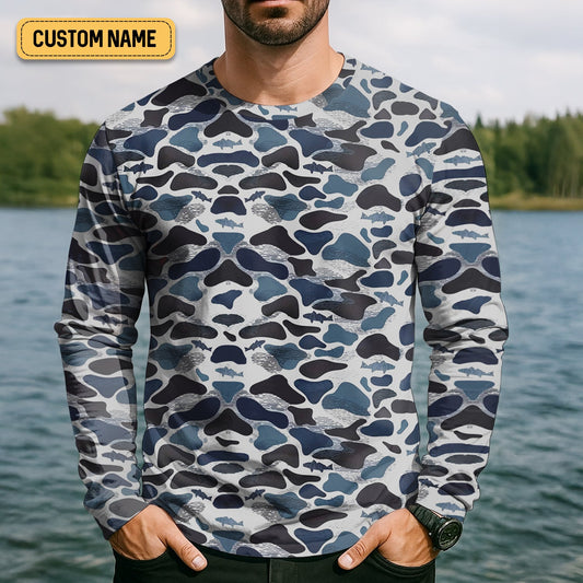 Joycorners Blue Camo Performance Fishing Shirts, SPF Shirt For Men, Hooded Fishing Shirt, Fishing Shirts For Men