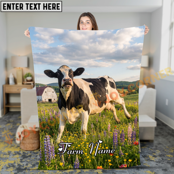 Joycorners Holstein Cow Standing In Wildflower Meadow Farm Personalized Name Blanket
