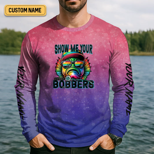 Joycorners Show Me Your Bobbers Shirt, Pink Purple Neon Men Fishing Shirt, Funny Fishing Shirt, SPF Shirt