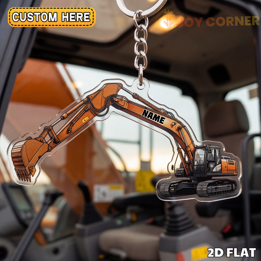Joycorners Excavator 2D Keychain Orange Heavy Equipment Side Profile Personalized Name