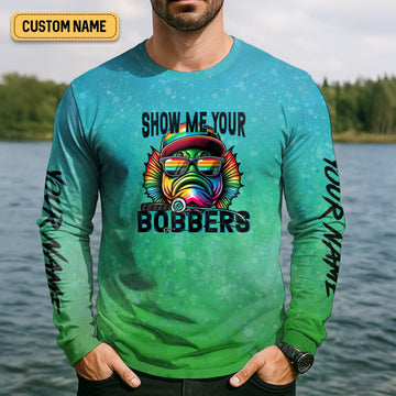 Joycorners Show Me Your Bobbers Shirt, Green Blue Neon Men Fishing Shirt, Funny Fishing Shirt, SPF Shirt