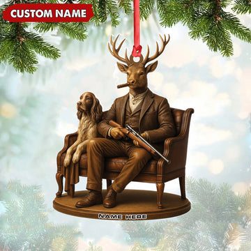Joycorners Personalized Acrylic Deer Christmas Ornament – Elegant Hunter Buck with Dog Holding Rifle Holiday Decor MT1111