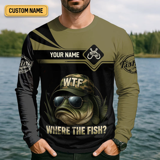 Joycorners WTF Where The Fish Camo Bass Fishing Shirt, Funny Fishing Shirt, SPF Shirt For Men, Men's Fishing Shirt