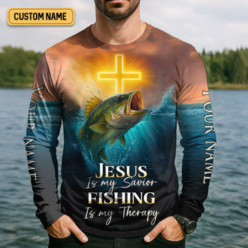 Joycorners Jesus Is My Savior Fishing Is My Therapy SPF Shirts, Jesus Fishing Shirt, Fishing Shirts For Men