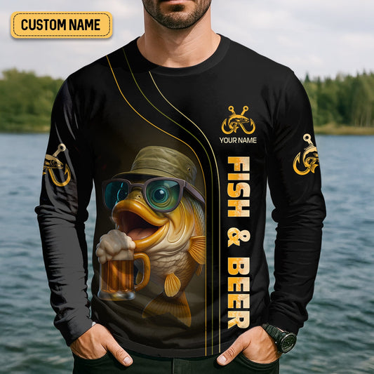 Joycorners Fish And Beer Fishing UV Shirts, Funny Fishing Shirt, Gift For Fisherman, Fishing Shirts For Men