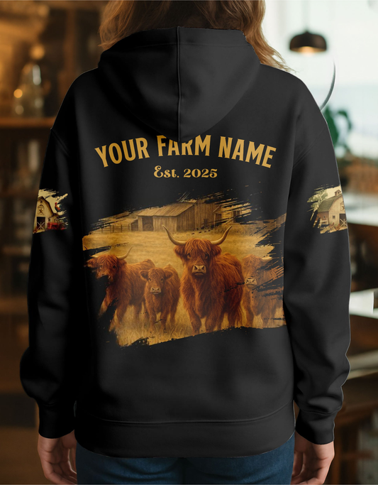 Joycorners Highland Farm Life Black Cattle Personalized Name, Farm Name Unisex 3D Hoodie
