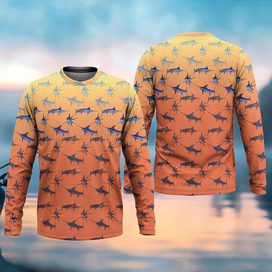 Joycorners Swordfish Pattern Orange Fishing Shirt, Cute Fishing Outfits, SPF Shirt For Men, Men's Fishing Shirt