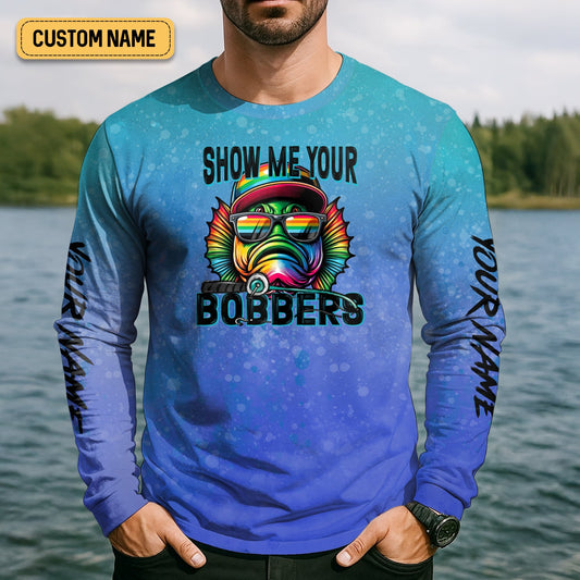 Joycorners Show Me Your Bobbers Shirt, Blue Neon Men Fishing Shirt, Funny Fishing Shirt, SPF Shirt