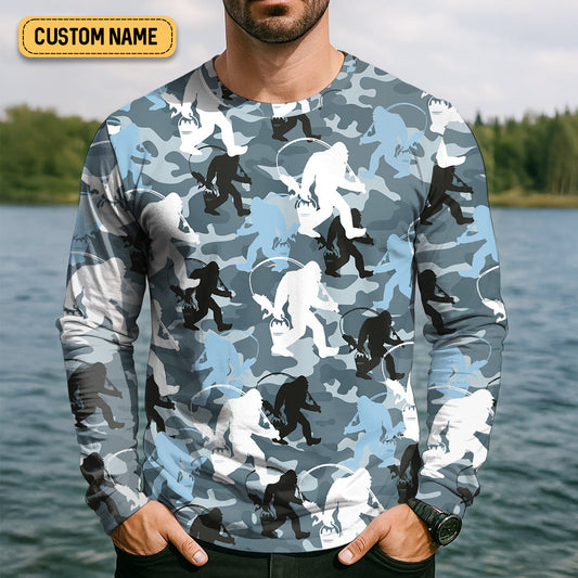 Joycorners Bigfoot Blue Camo Fishing SPF Shirts, Bassquatch Fishing Shirts, Fishing Shirts For Men, Funny Fisherman Gift