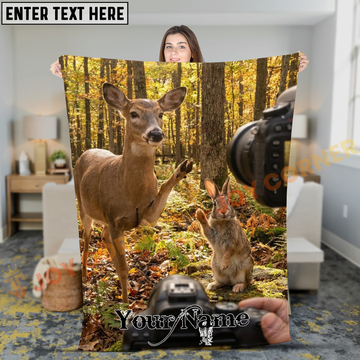 Joycorners Cute Deer and Rabbit Photobombing Camera Personalized 3D Blanket