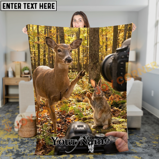 Joycorners Cute Deer and Rabbit Photobombing Camera Personalized 3D Blanket