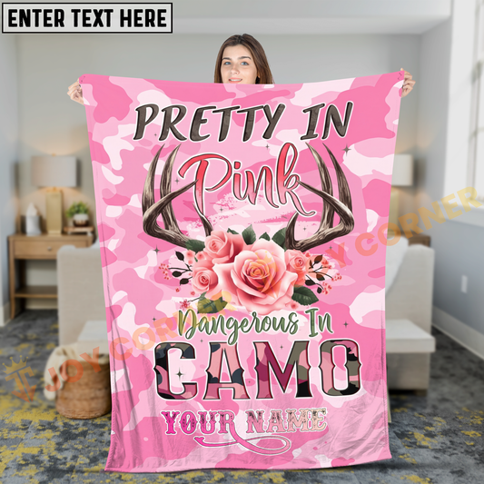 Joycorners Pretty In Pink Dangerous In Camo Deer Antler Floral Personalized 3D Blanket