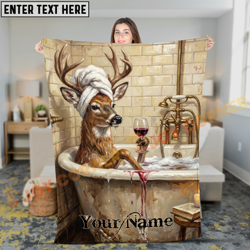Joycorners Funny Deer Spa Bathtub Drinking Red Wine Personalized 3D Blanket