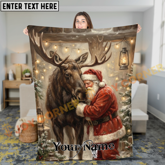 Joycorners Cozy Christmas Santa Claus Hugging Big Moose Winter Cabin Personalized 3D Blanket