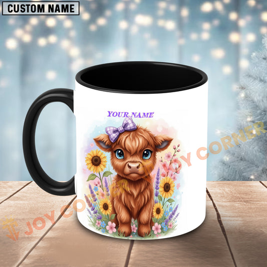 Joycorners Brown Highland Cow Purple Bow Sunflower Custom Name Mug