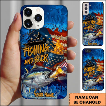 Joycorners Tuna Fishing Phone Case Fishing And Beer American Flag Personalized Name 3D Phone Case