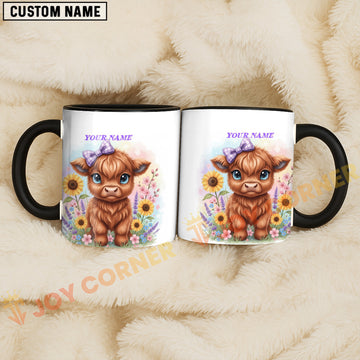 Joycorners Brown Highland Cow Purple Bow Sunflower Custom Name Mug