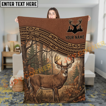Joycorners Rustic Leather Zipper Whitetail Deer Forest Scene Personalized 3D Blanket