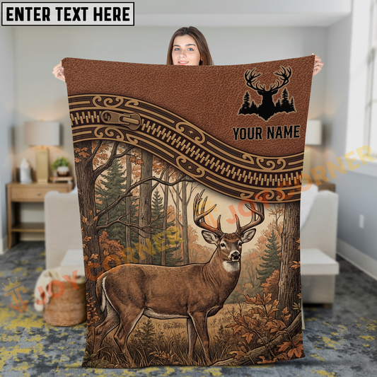 Joycorners Rustic Leather Zipper Whitetail Deer Forest Scene Personalized 3D Blanket