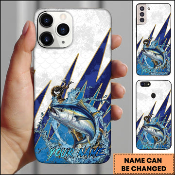 Maxcorners Tuna Fishing Phone Case Jumping Water Splash Blue Lightning Scale Pattern Personalized Name Phone Case