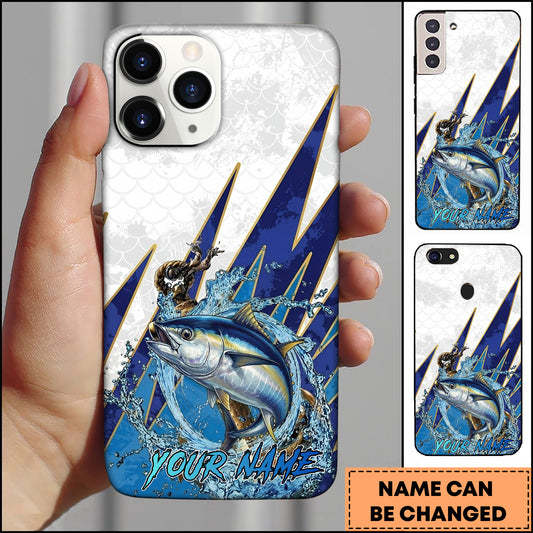 Maxcorners Tuna Fishing Phone Case Jumping Water Splash Blue Lightning Scale Pattern Personalized Name Phone Case