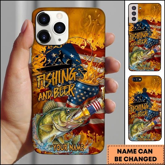 Joycorners Walleye Fishing Phone Case And Beer Golden Splash Design Personalized Name 3D Phone Case