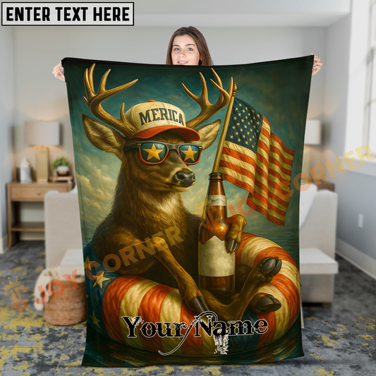 Joycorners Patriotic Whitetail Deer Merica Cap Floating with Beer Personalized 3D Blanket