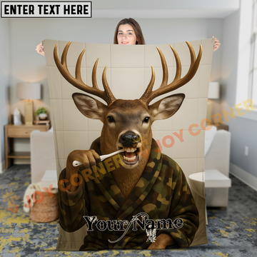 Joycorners Funny Whitetail Buck Deer Brushing Teeth in Bathrobe Personalized 3D Blanket