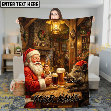 Joycorners Old School Santa Claus and Wild Boar Having Beer Inn Personalized 3D Blanket