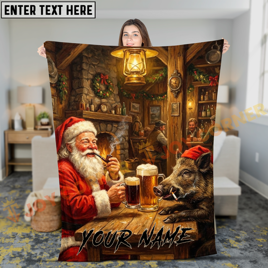 Joycorners Old School Santa Claus and Wild Boar Having Beer Inn Personalized 3D Blanket