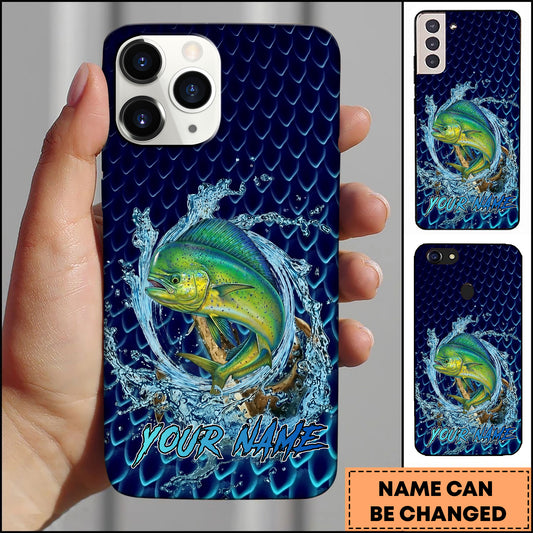 Maxcorners Mahi-mahi Fishing Phone Case Water Ring Splash Dark Blue Scale Background Personalized Name Phone Case