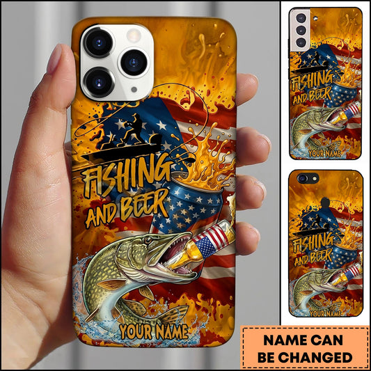 Joycorners Pike Fishing Phone Case And Beer Golden Splash Design Personalized Name 3D Phone Case