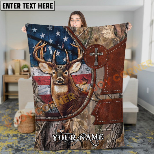 Joycorners American Flag Christian Cross Whitetail Deer Hunting Personalized 3D Blanket