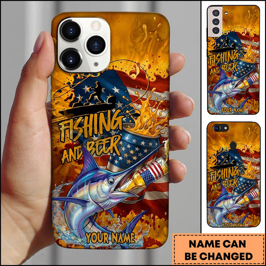 Joycorners Marlin Fishing Phone Case And Beer Golden Splash Design Personalized Name 3D Phone Case