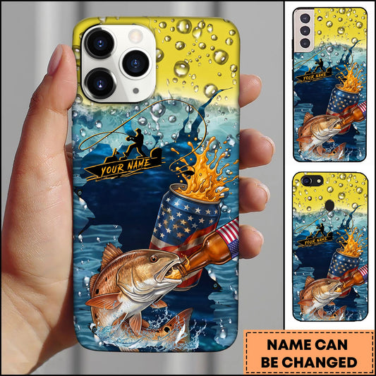 Joycorners Red Fish Fishing Phone Case Beer Splash Fishing Graphic Personalized Name 3D Phone Case