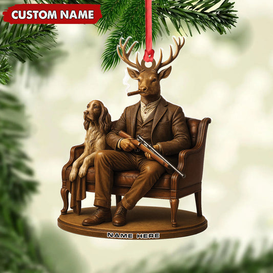 Joycorners Personalized Acrylic Deer Christmas Ornament – Elegant Hunter Buck with Dog Holding Rifle Holiday Decor MT1111
