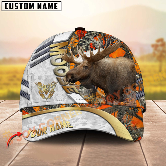 Joycorners Hunting Cap White Orange Camo With Golden Line Personalized Name 3D Cap (Deer/Moose/Elk/Boar)