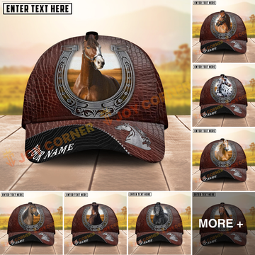 Joycorners Horse Dark Brown Leather Horseshoe Pattern Personalized Name Cap (8 Breeds)