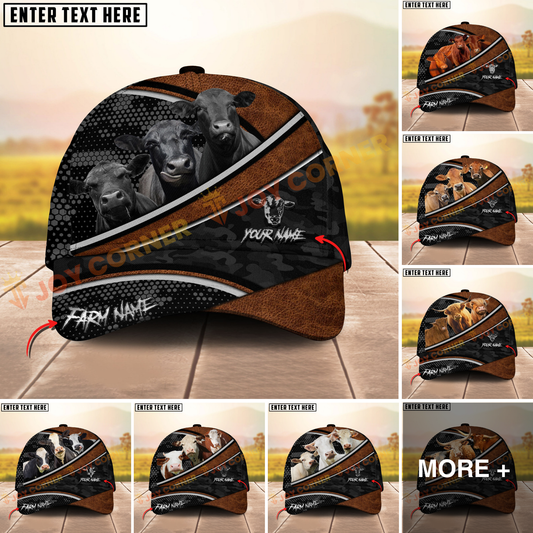 Joycorners Cattle Cow Brown Leather Pattern With Dotted Camo Personalized Name 3D Cap (8 Cattle Breeds)