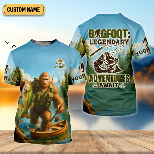 Joycorners Bigfoot Legendary Adventures Await Bass Fishing Shirt, Funny Fishing Shirt, Presents For Fishermen