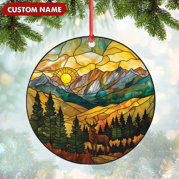 Joycorners Personalized Deer Stained Glass Acrylic Ornament – Mountain Sunrise Christmas Tree Decoration Gift MT1111