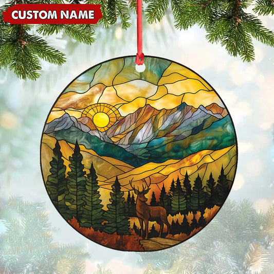 Joycorners Personalized Deer Stained Glass Acrylic Ornament – Mountain Sunrise Christmas Tree Decoration Gift MT1111
