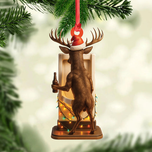 Joycorners Personalized Acrylic Deer Christmas Ornament – Funny Buck with Santa Hat Drinking Beer by Urinal Holiday Decor MT1111