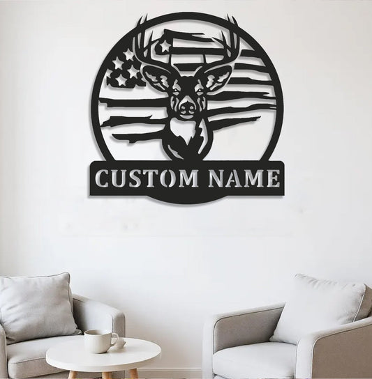 Maxcorners Custom Name American Flag Deer Hunting Metal Sign WITH LED/WITHOUT LED Light Rustic Lodge Wall Decor MT0110