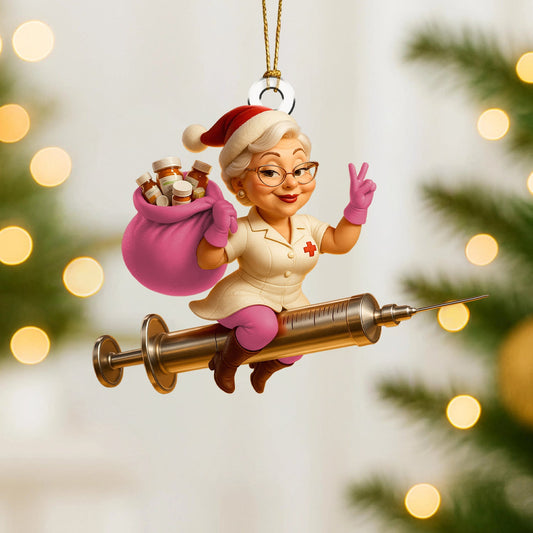 Joycorners Funny Nurse Christmas Ornament, Custom Healthcare Worker Ornament, Santa Nurse Riding Syringe, Unique RN Xmas Gift | Pink
 2D Flat LM1711
