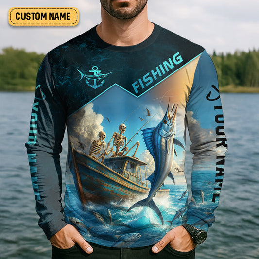 Joycorners Never Give Up On Your Dreams Funny Skeleton Fishing UPF Shirts, Fishing Gifts For Men, Men's Fishing Shirt