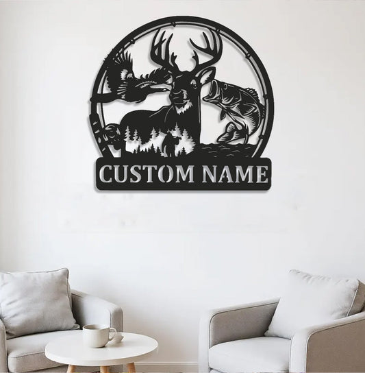 Maxcorners Personalized Deer, Fish & Duck Hunting Metal Sign WITH LED/WITHOUT LED, Rustic Wildlife Wall Decor for Cabin, Lodge, or Mancave MT0110