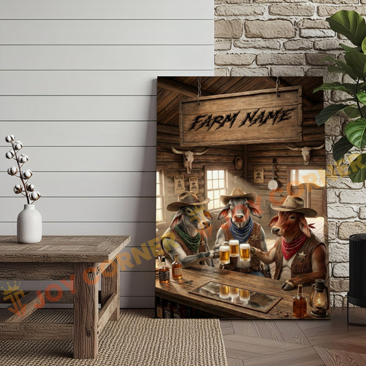 Joycorner Brahman Cow Trio Western Saloon Beer Cheers Rustic Bar Sign Customized Farm Name Canvas