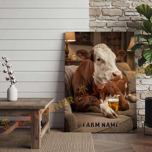 Joycorners Cattle Cow Cozy Farmhouse Hereford Cow Relaxing On Sofa Personalized Name Canvas