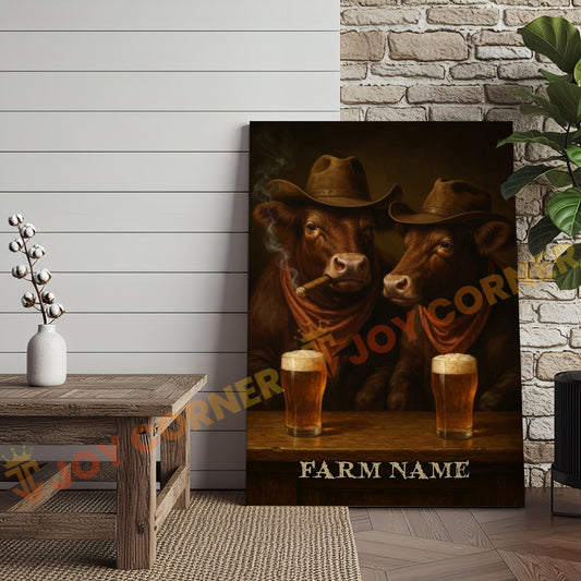 Joycorner Red Angus Cattle Cowboy Beer Bar – Personalized Farm Name 3D Wrapped Canvas